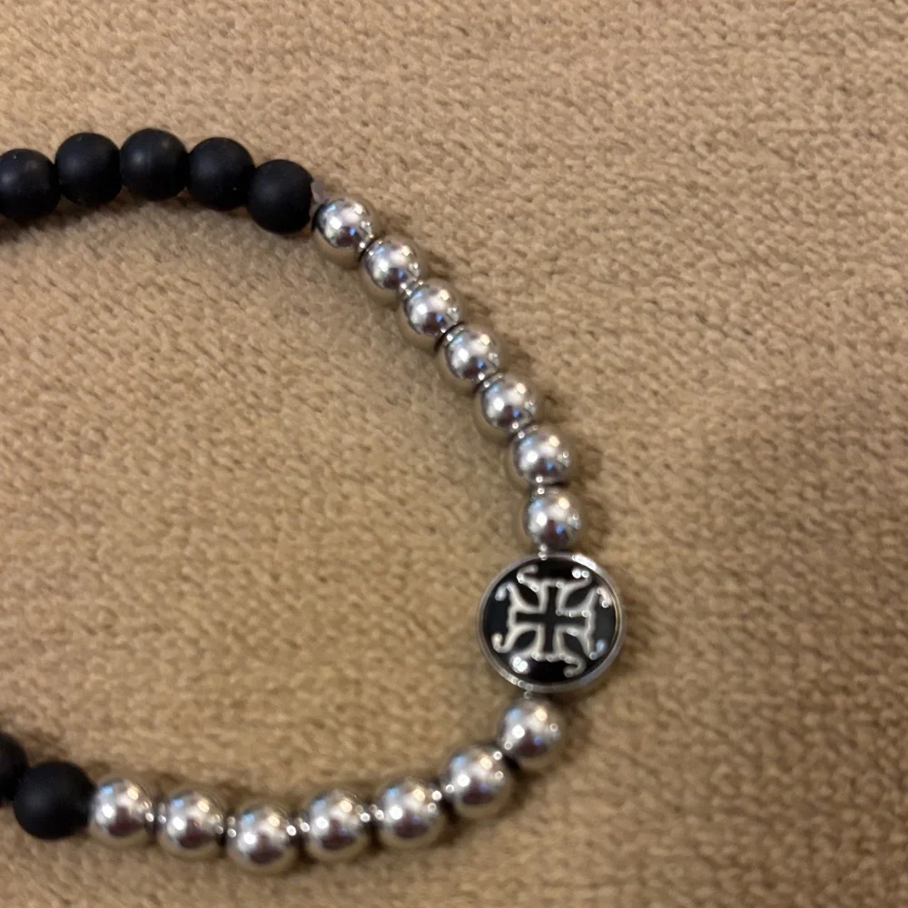 Rustic Cuff Black and Silver Beaded Bracelet with Logo Charm - Picture 3 of 6